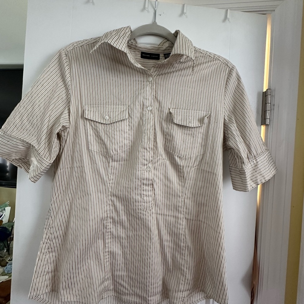 New York & Company Beige Striped Button Down Shirt